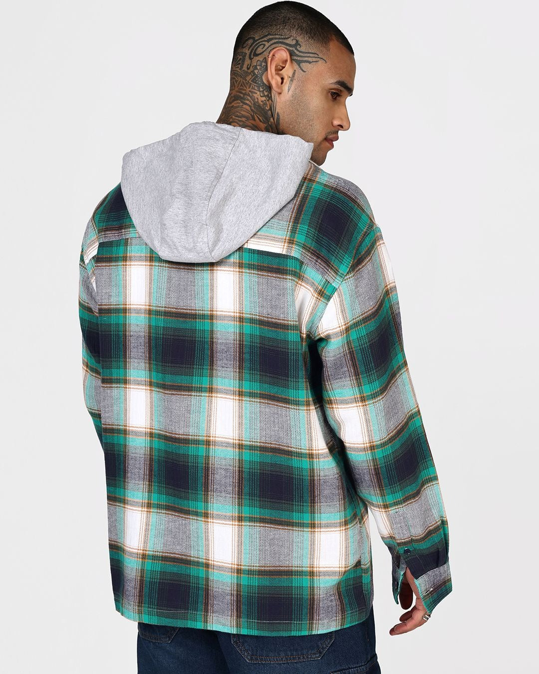 Insof Men's Premium Hooded Checkered Flannel Overshirt – Green Plaid Casual Full Sleeve Shirt