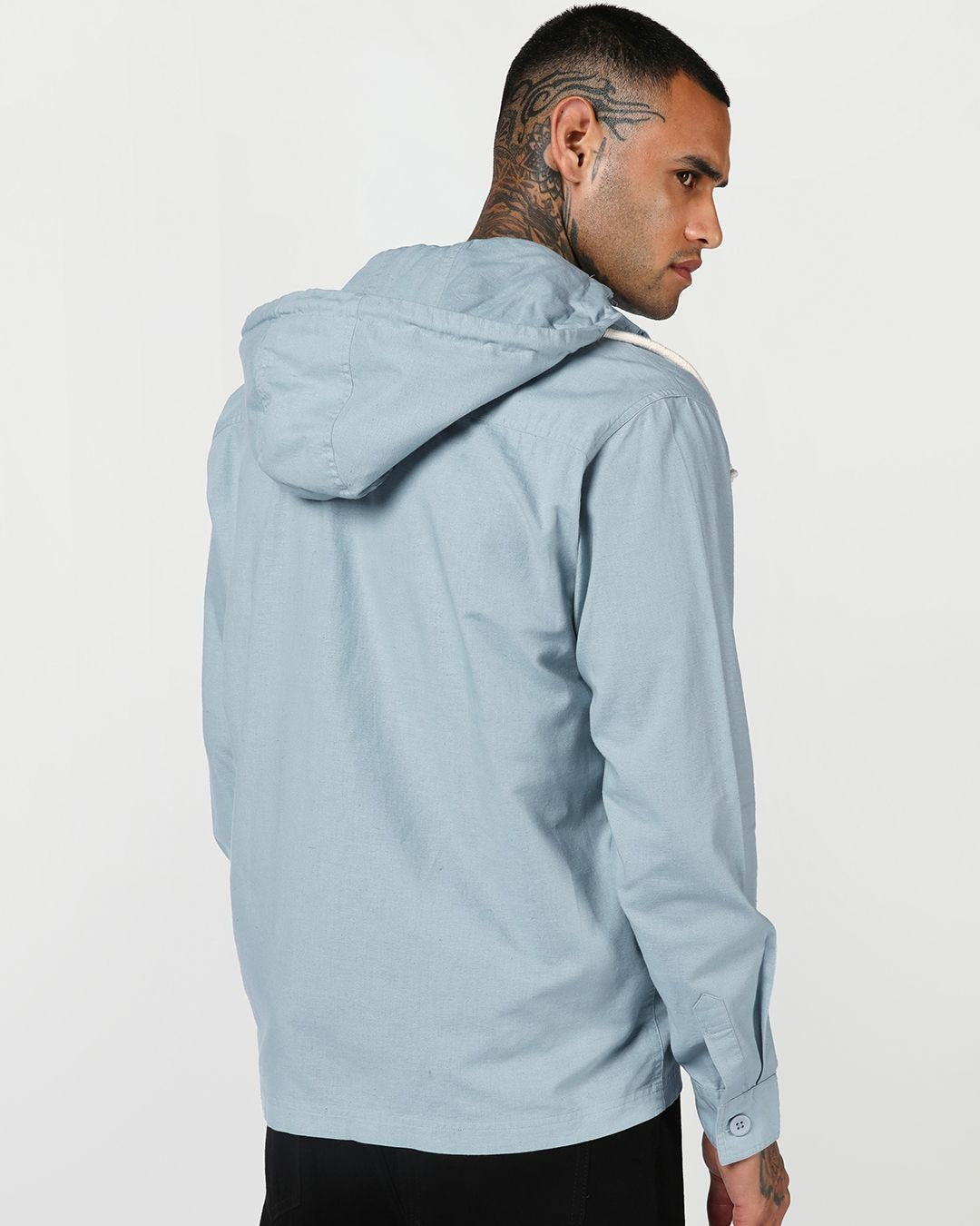 Insof Men's Premium Hooded Utility Overshirt – Sky Blue Casual Full Sleeve Shirt