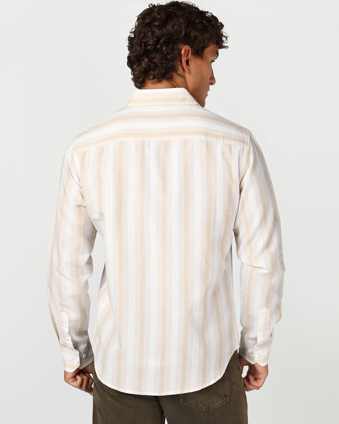Insof Men's Premium Beige Striped Casual Shirt – Full Sleeve Cotton Blend Button-Down Shirt