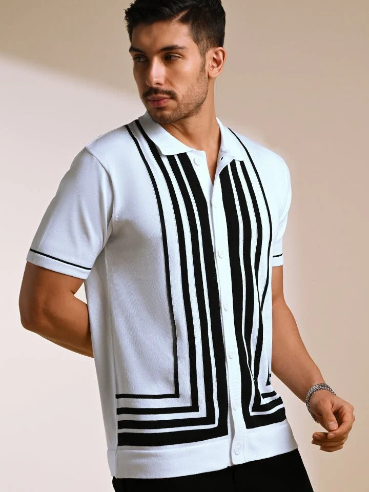 Insof Men's Premium White & Black Knitted Polo Shirt – Short Sleeve Button-Up Casual Shirt