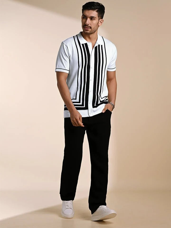 Insof Men's Premium White & Black Knitted Polo Shirt – Short Sleeve Button-Up Casual Shirt