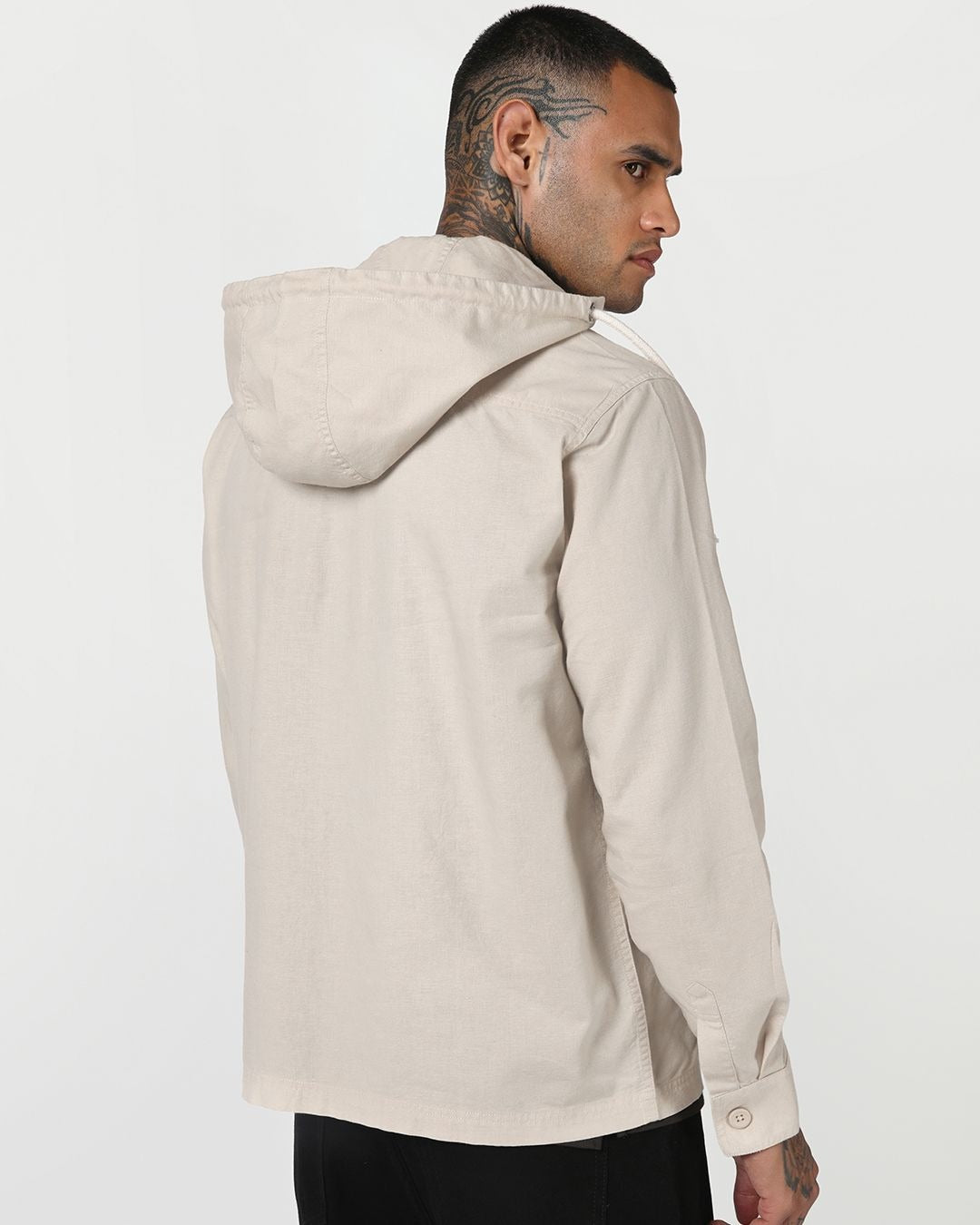 Insof Men's Premium Hooded Utility Overshirt – Cream Casual Full Sleeve Shirt