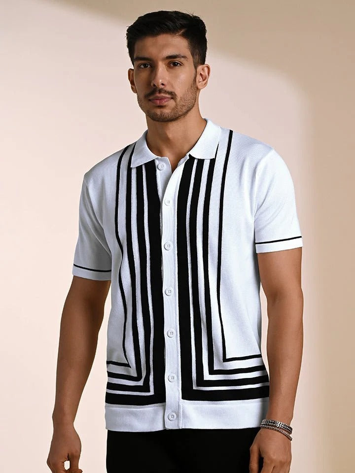 Insof Men's Premium White & Black Knitted Polo Shirt – Short Sleeve Button-Up Casual Shirt