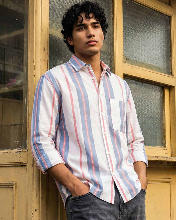Insof Men's Premium White Striped Casual Shirt – Blue & Pink Vertical Stripe Full Sleeve Shirt