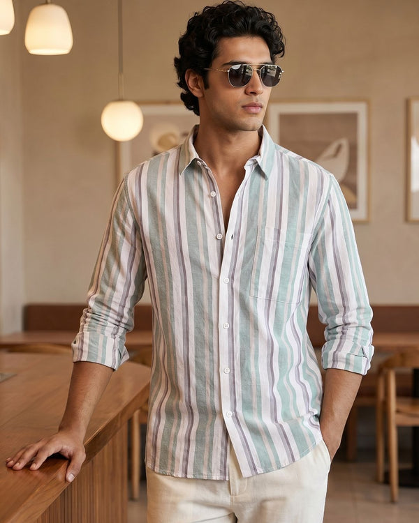Insof Men's Premium Mint Green Striped Casual Shirt – Full Sleeve Cotton Blend Button-Down Shirt