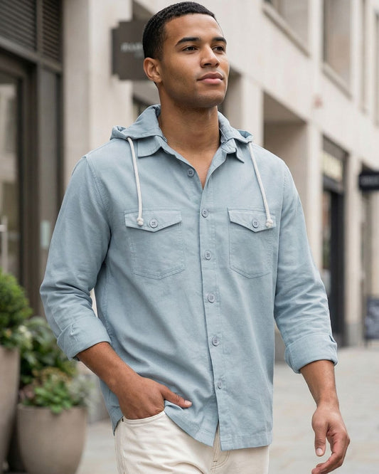 Insof Men's Premium Hooded Utility Overshirt – Sky Blue Casual Full Sleeve Shirt