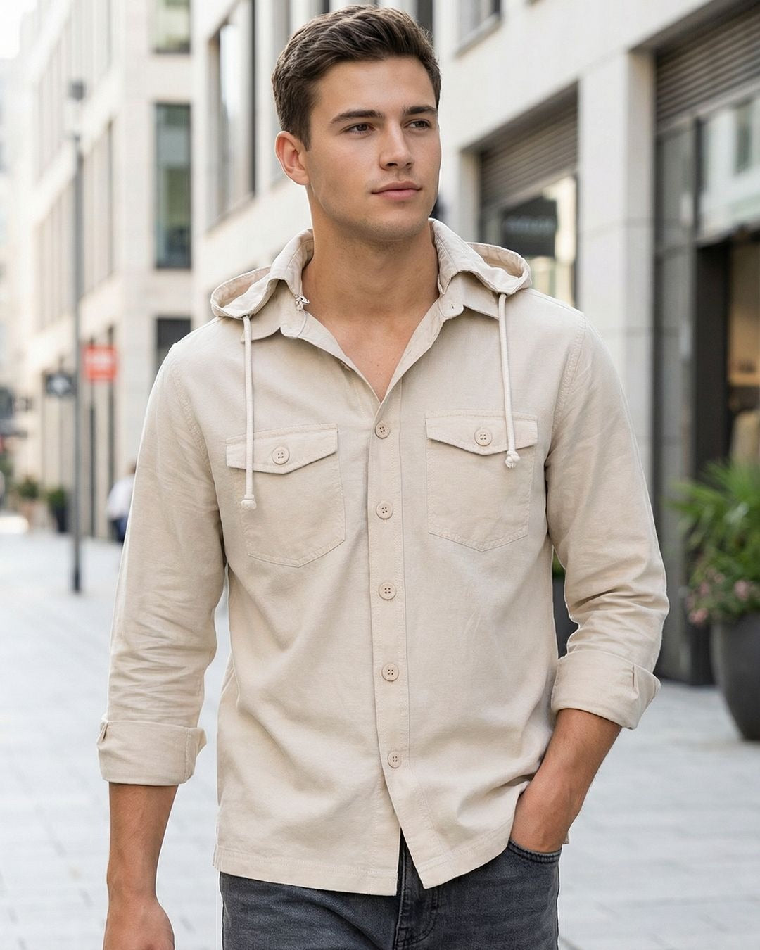 Insof Men's Premium Hooded Utility Overshirt – Cream Casual Full Sleeve Shirt