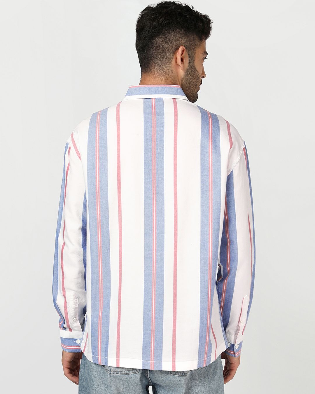 Insof Men's Premium White Striped Casual Shirt – Blue & Pink Vertical Stripe Full Sleeve Shirt