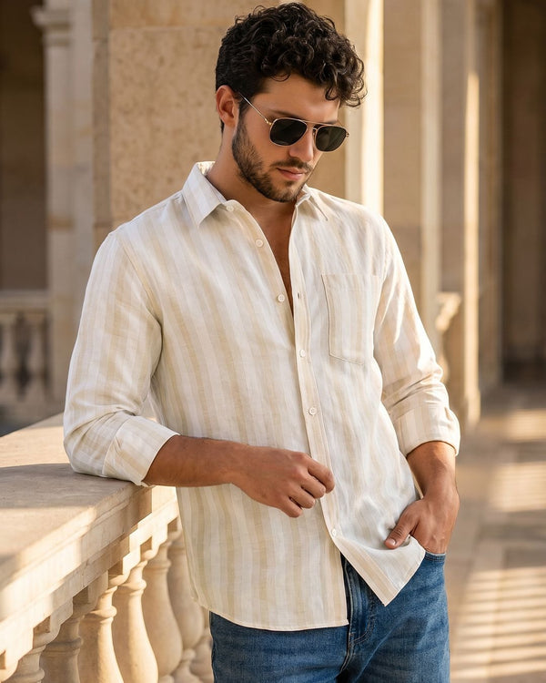 Insof Men's Premium Beige Striped Casual Shirt – Full Sleeve Cotton Blend Button-Down Shirt