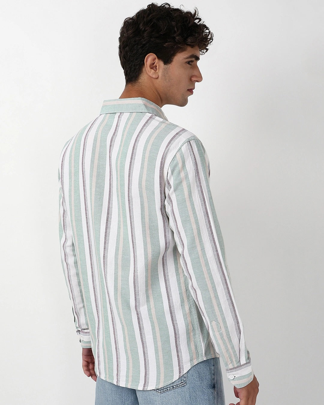 Insof Men's Premium Mint Green Striped Casual Shirt – Full Sleeve Cotton Blend Button-Down Shirt
